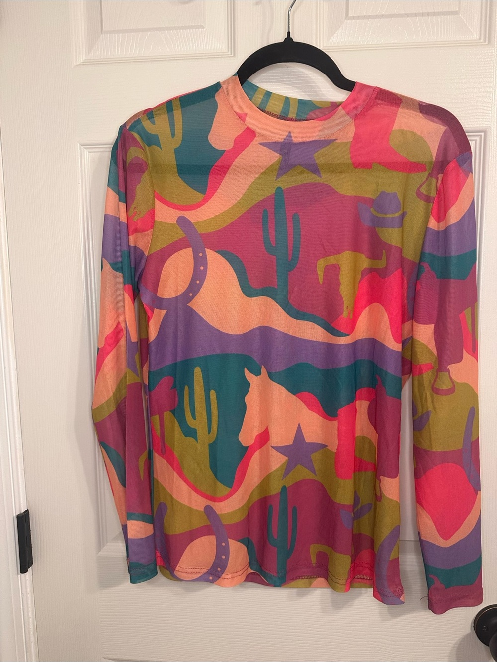 Long-Sleeve Multicolor Desert Print mesh Top - Women